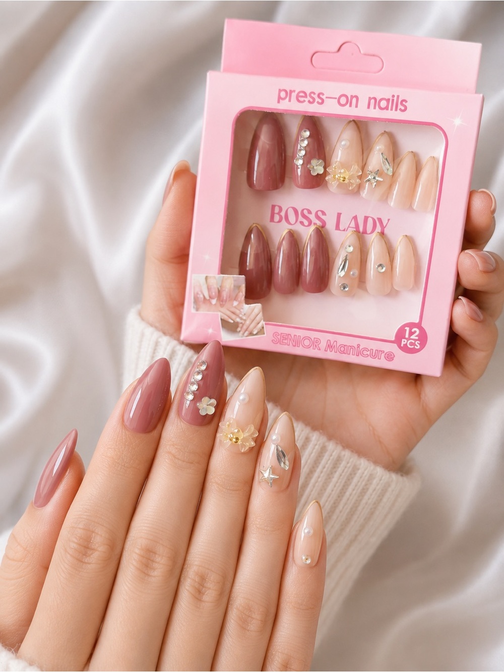 Boss Lady 12pc Press-On Nails Mauve Nude Rhinestone Floral Gold Accent